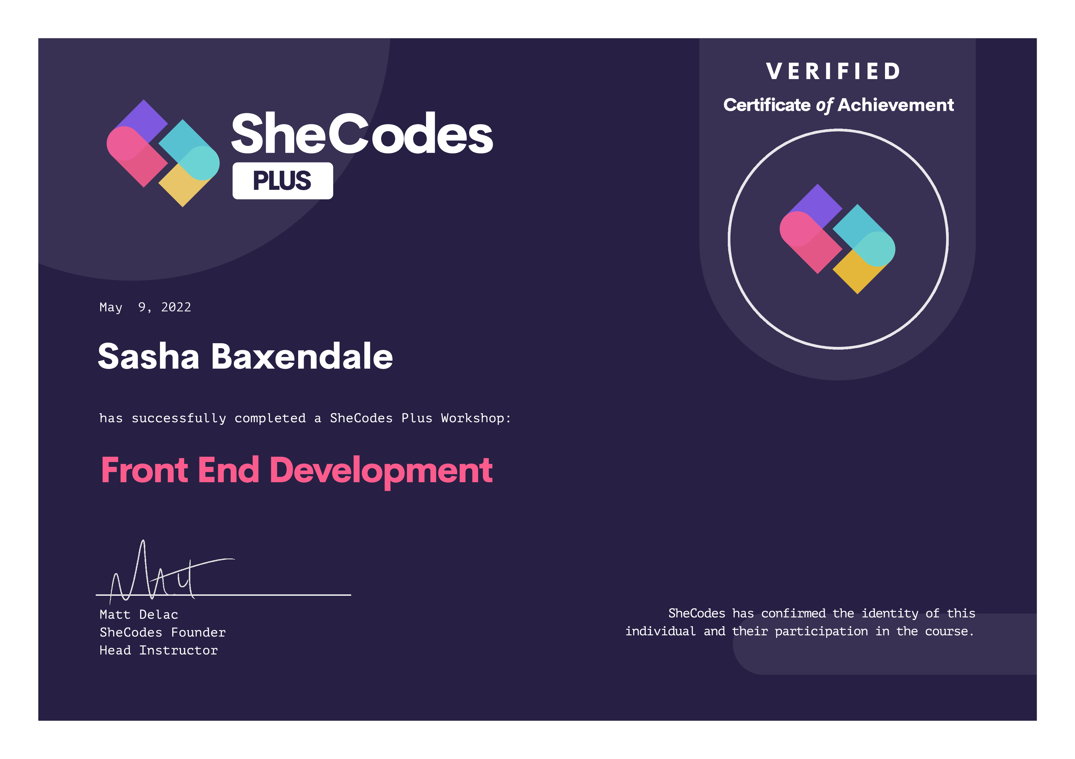 SheCodes Plus certificate